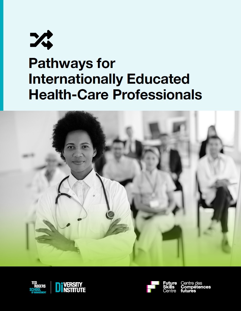 A report cover featuring a racialized woman doctor standing with diverse medical colleagues.